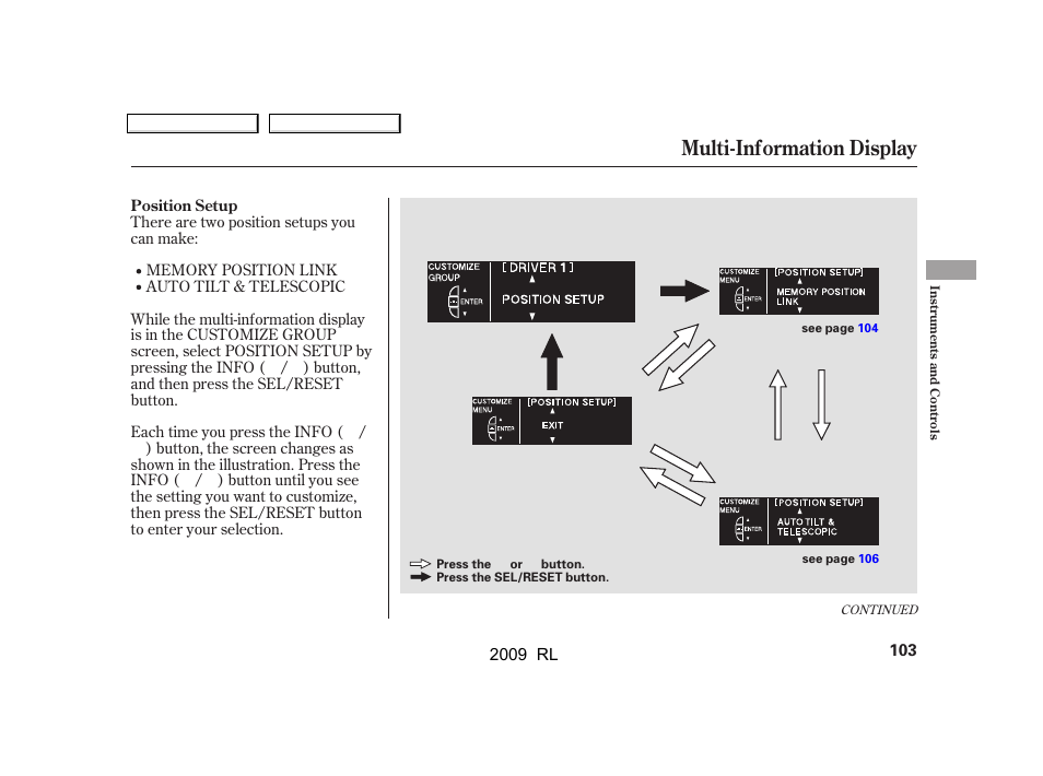 Multi-information display | Acura 2009 RL User Manual | Page 106 / 560
