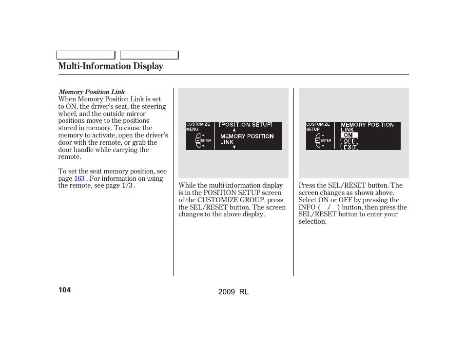 Multi-information display | Acura 2009 RL User Manual | Page 107 / 560