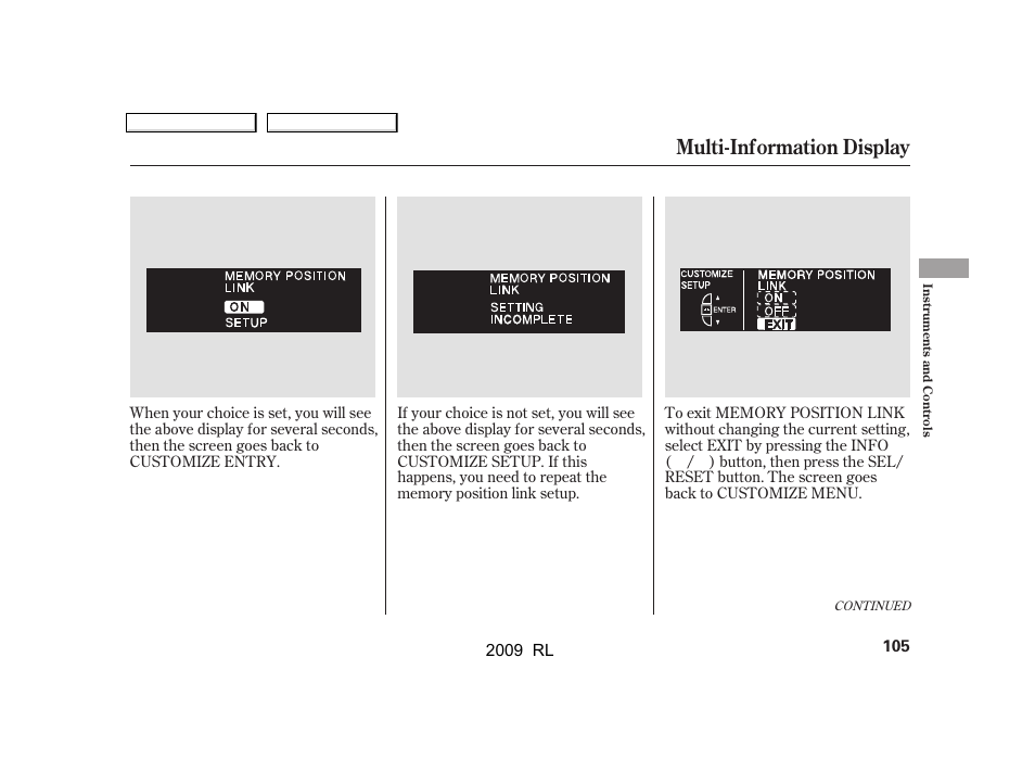 Multi-information display | Acura 2009 RL User Manual | Page 108 / 560