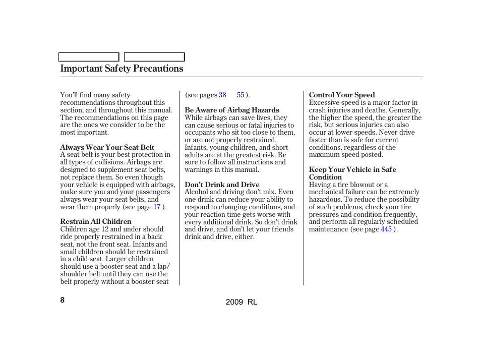 Important safety precautions | Acura 2009 RL User Manual | Page 11 / 560