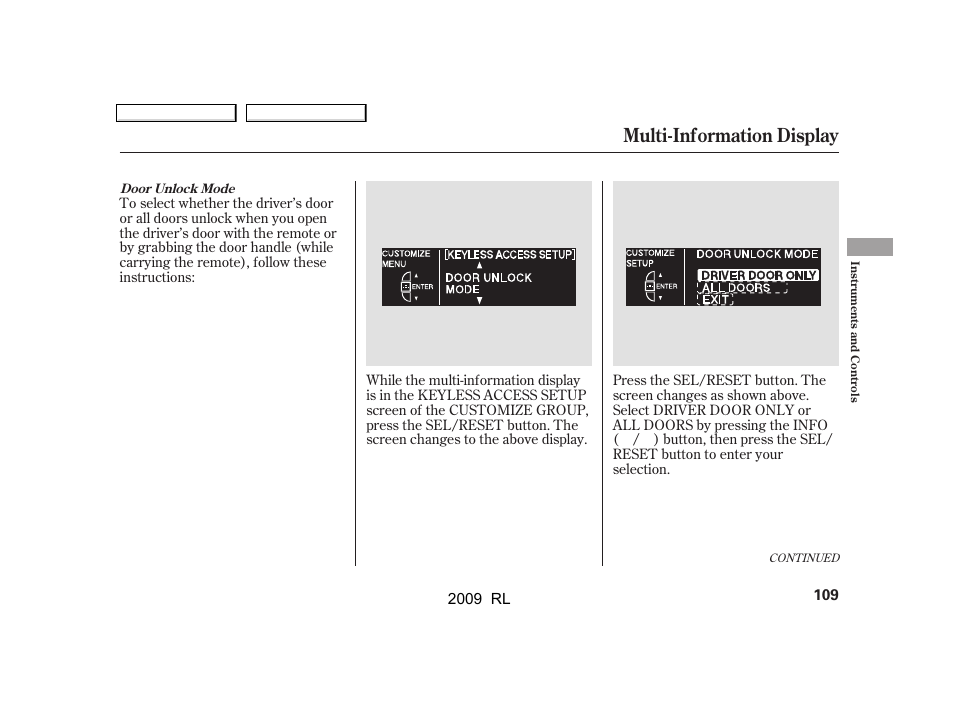 Multi-information display | Acura 2009 RL User Manual | Page 112 / 560