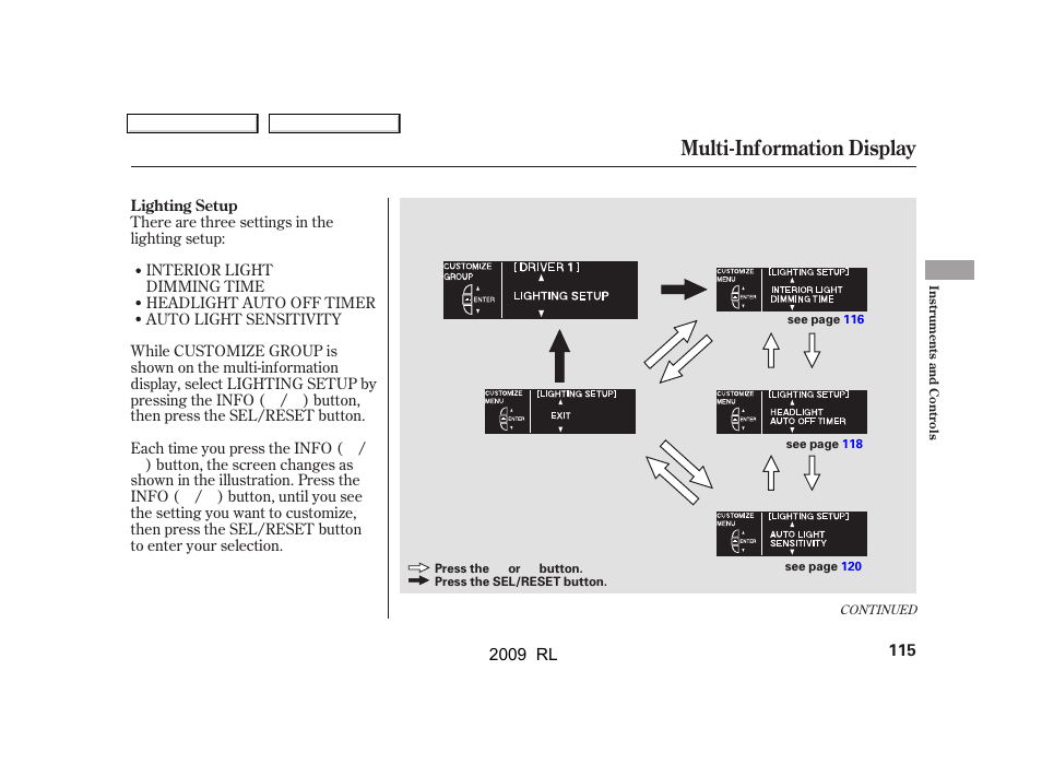 Multi-information display | Acura 2009 RL User Manual | Page 118 / 560
