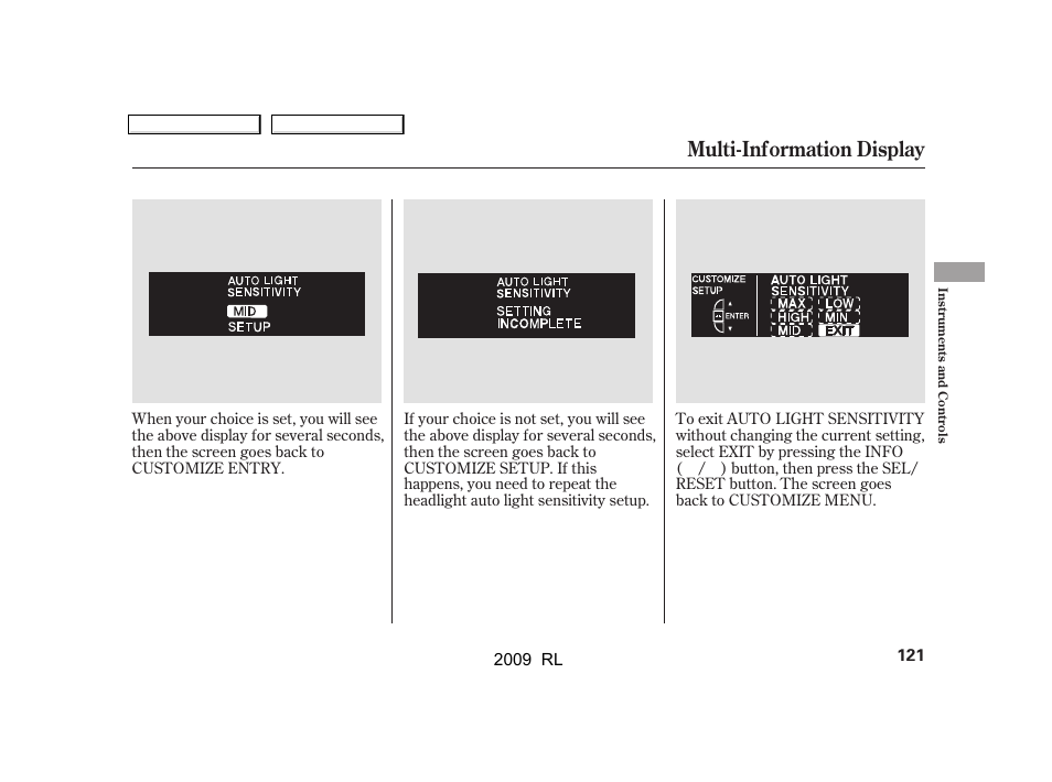 Multi-information display | Acura 2009 RL User Manual | Page 124 / 560