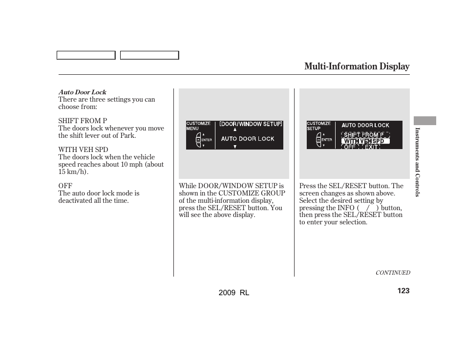 Multi-information display | Acura 2009 RL User Manual | Page 126 / 560
