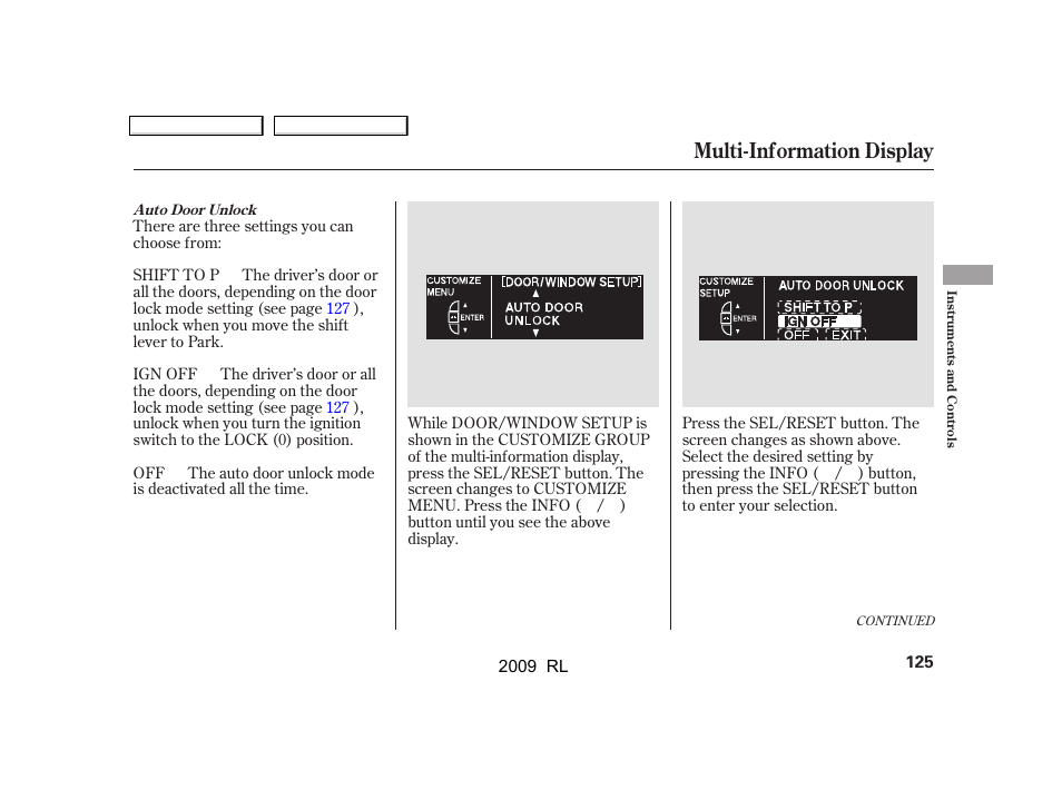 Multi-information display | Acura 2009 RL User Manual | Page 128 / 560