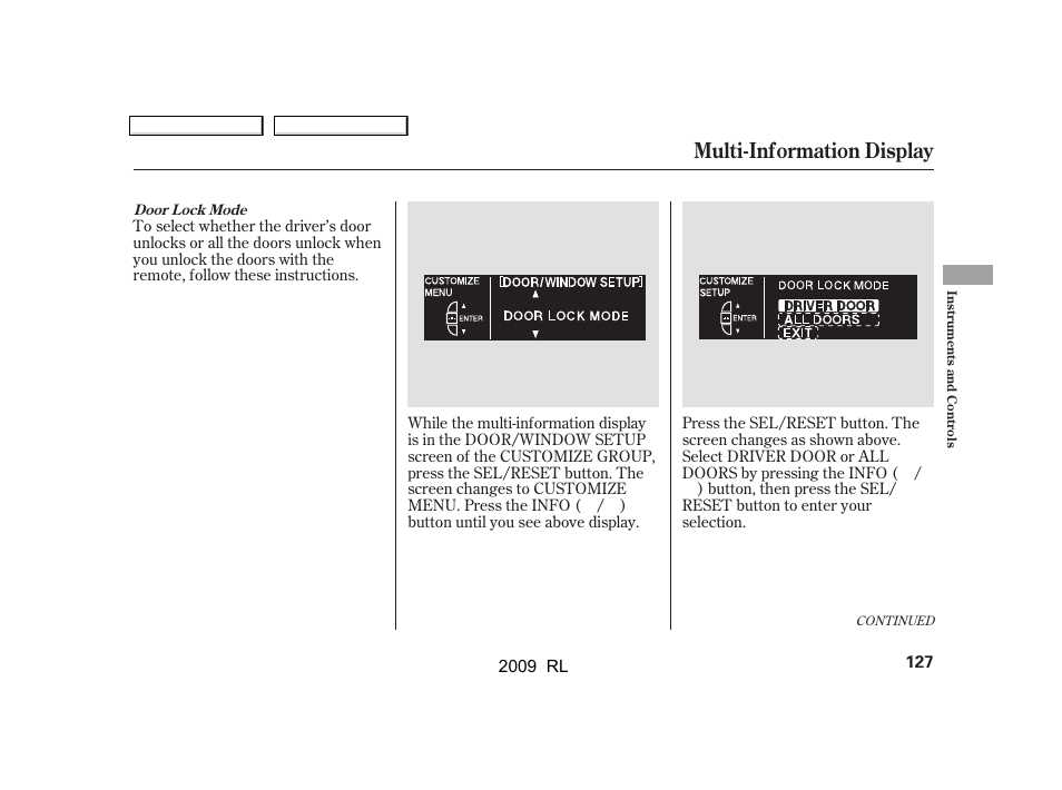 Multi-information display | Acura 2009 RL User Manual | Page 130 / 560