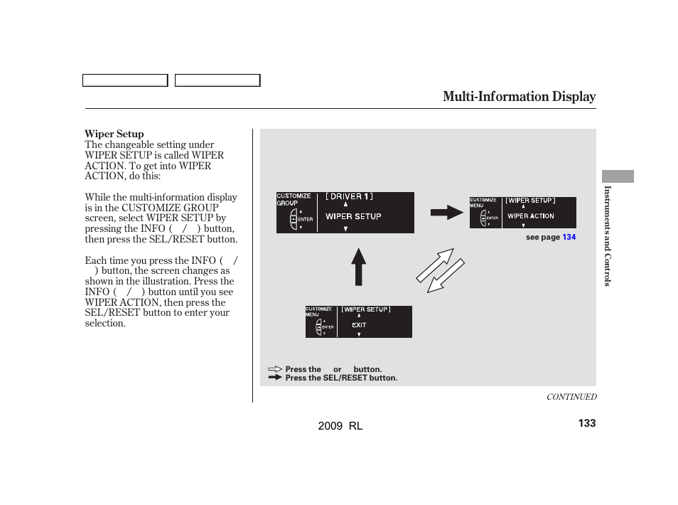 Multi-information display | Acura 2009 RL User Manual | Page 136 / 560