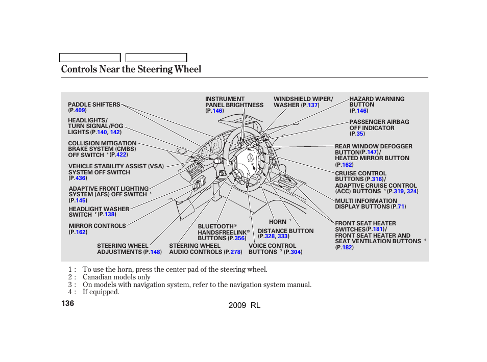 Controls near the steering wheel, 2009 rl | Acura 2009 RL User Manual | Page 139 / 560