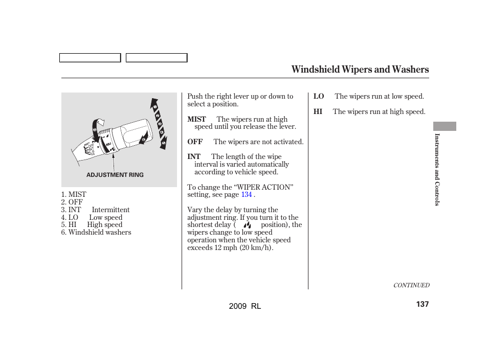 Windshield wipers and washers | Acura 2009 RL User Manual | Page 140 / 560