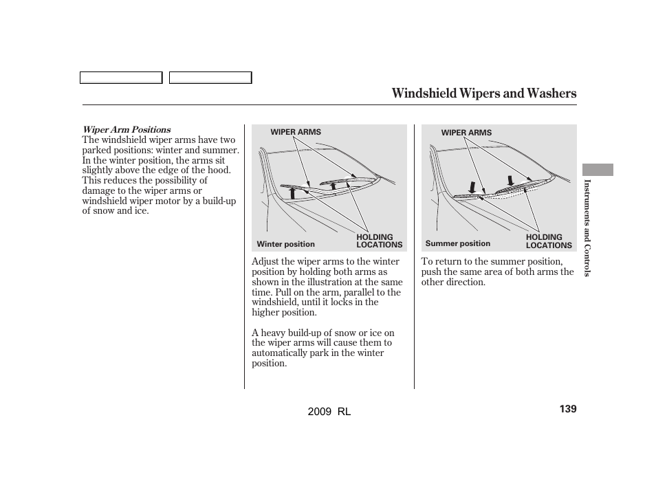 Windshield wipers and washers | Acura 2009 RL User Manual | Page 142 / 560