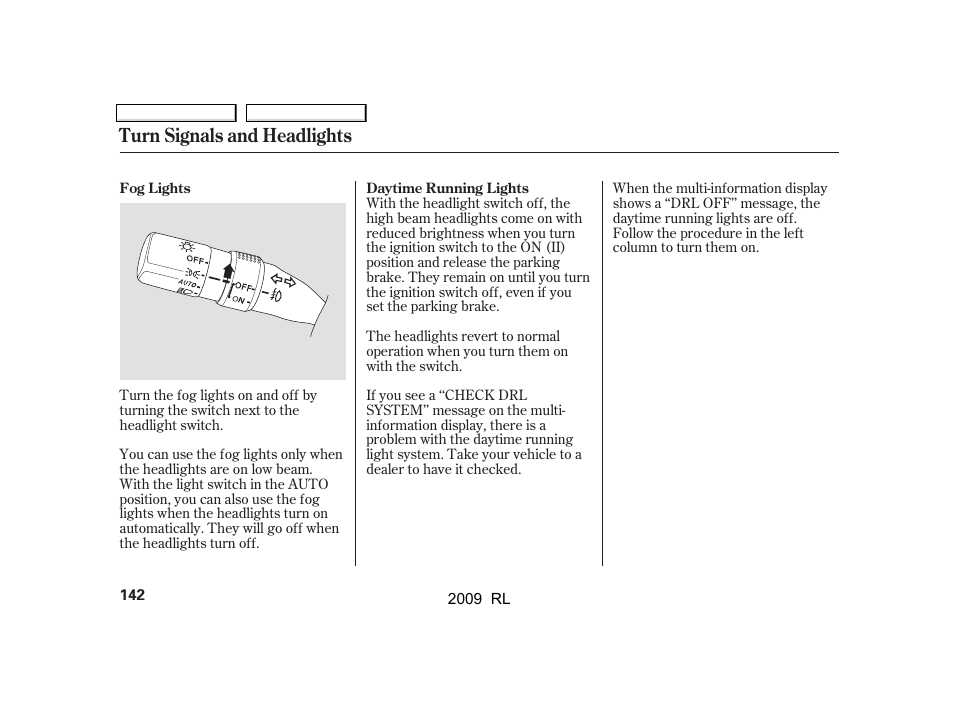 Turn signals and headlights | Acura 2009 RL User Manual | Page 145 / 560