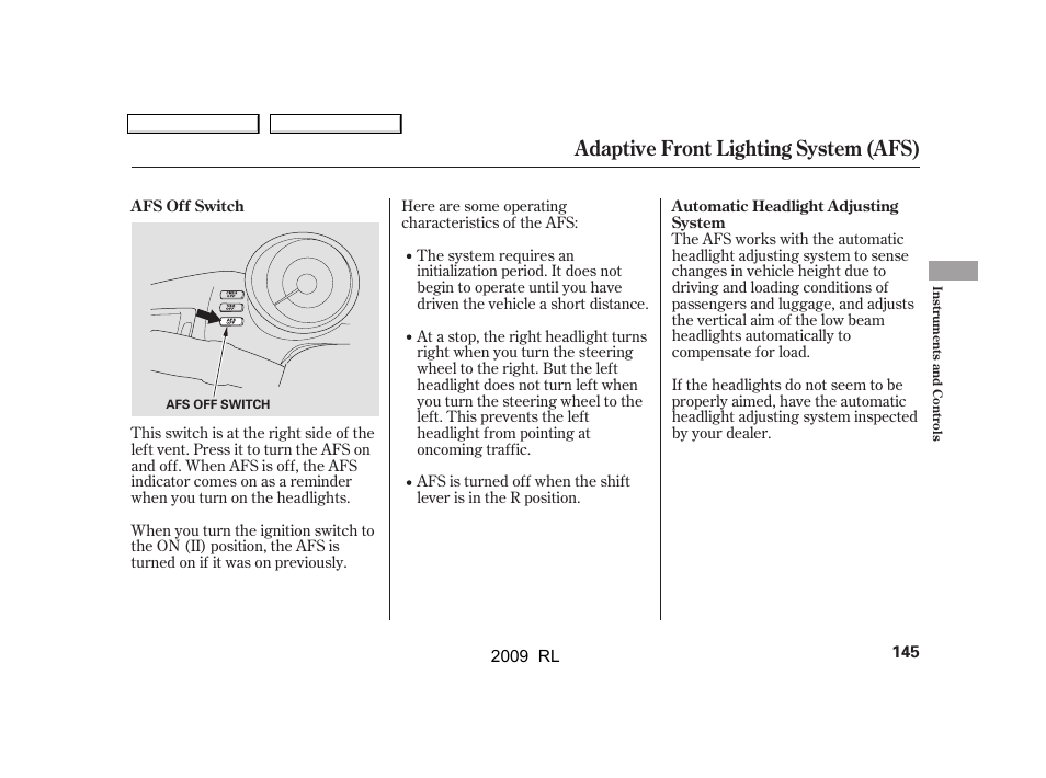 Adaptive front lighting system (afs) | Acura 2009 RL User Manual | Page 148 / 560
