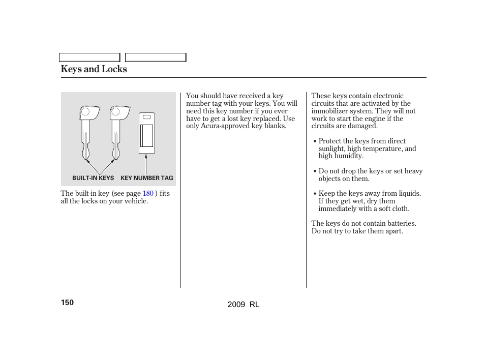 Keys and locks | Acura 2009 RL User Manual | Page 153 / 560