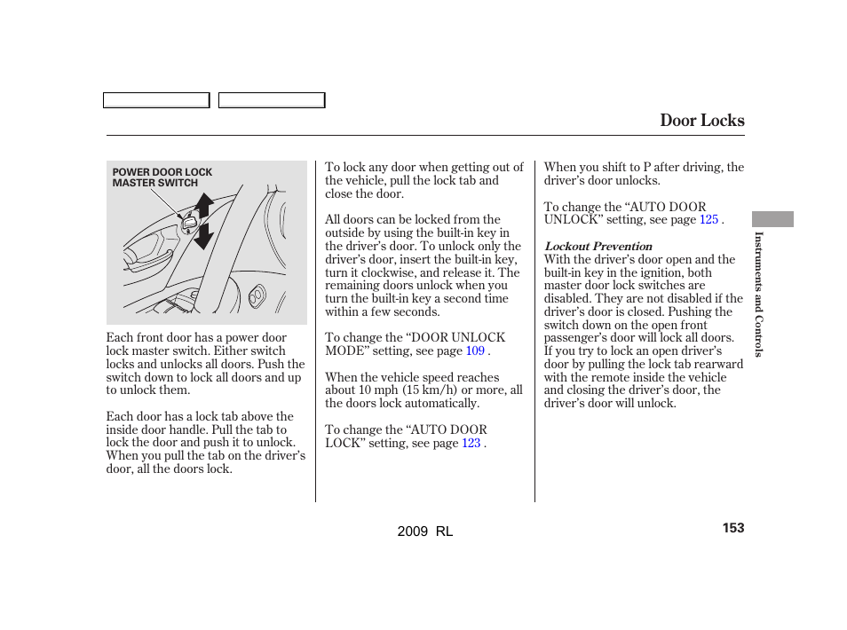 Door locks | Acura 2009 RL User Manual | Page 156 / 560