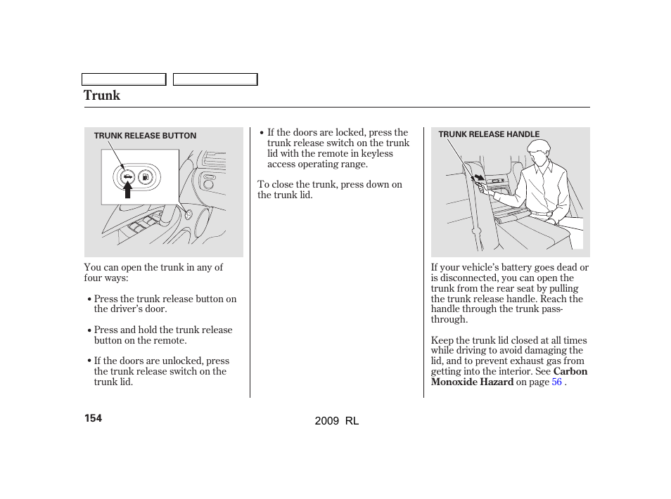 Trunk | Acura 2009 RL User Manual | Page 157 / 560