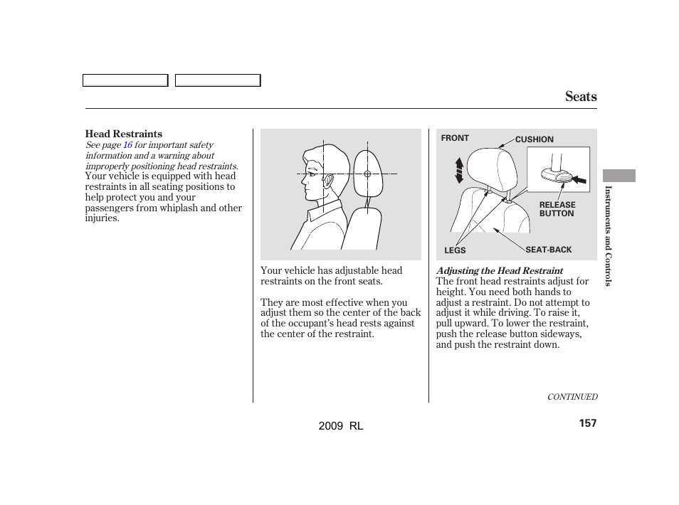 Seats | Acura 2009 RL User Manual | Page 160 / 560