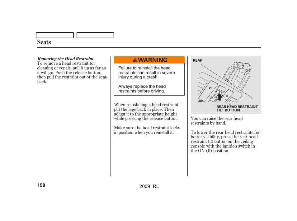 Seats | Acura 2009 RL User Manual | Page 161 / 560