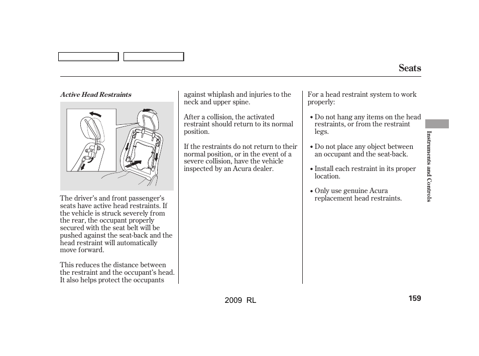 Seats | Acura 2009 RL User Manual | Page 162 / 560