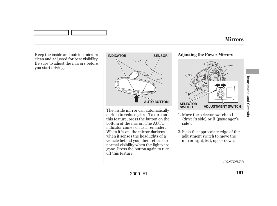 Mirrors | Acura 2009 RL User Manual | Page 164 / 560