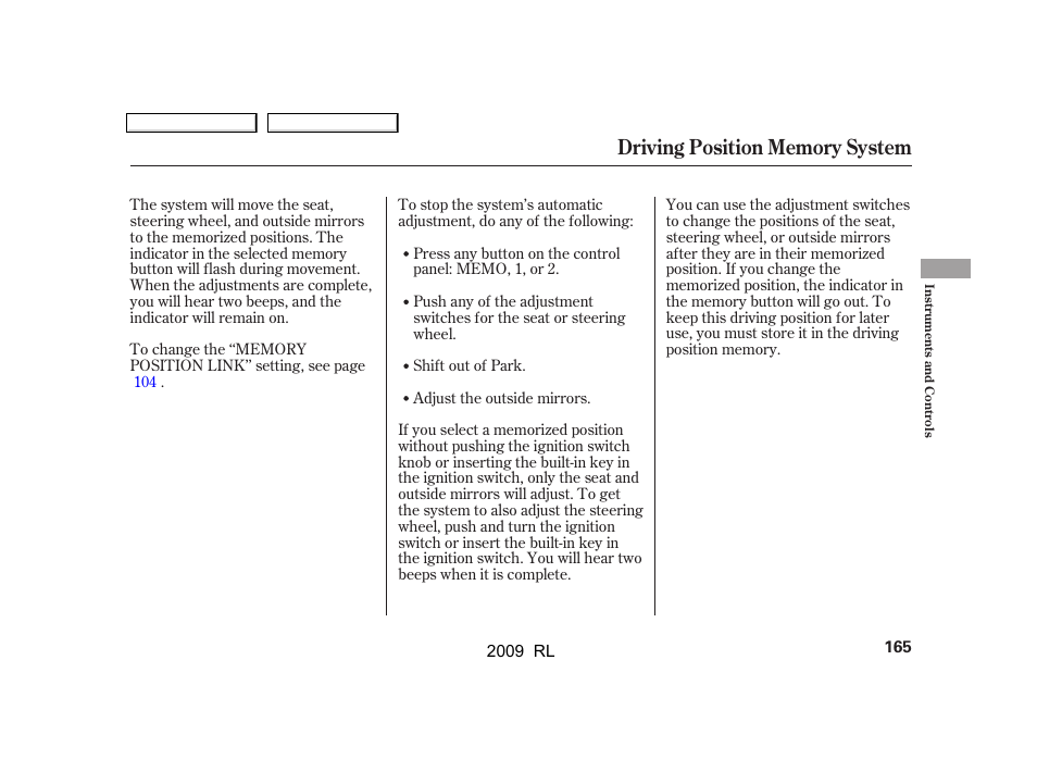 Acura 2009 RL User Manual | Page 168 / 560