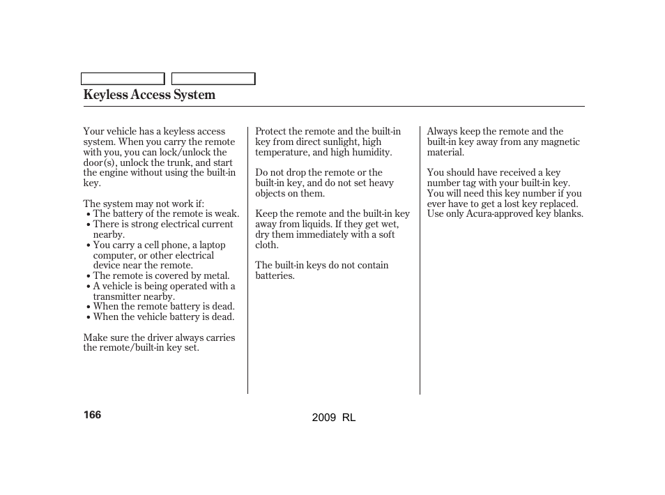 Keyless access system | Acura 2009 RL User Manual | Page 169 / 560