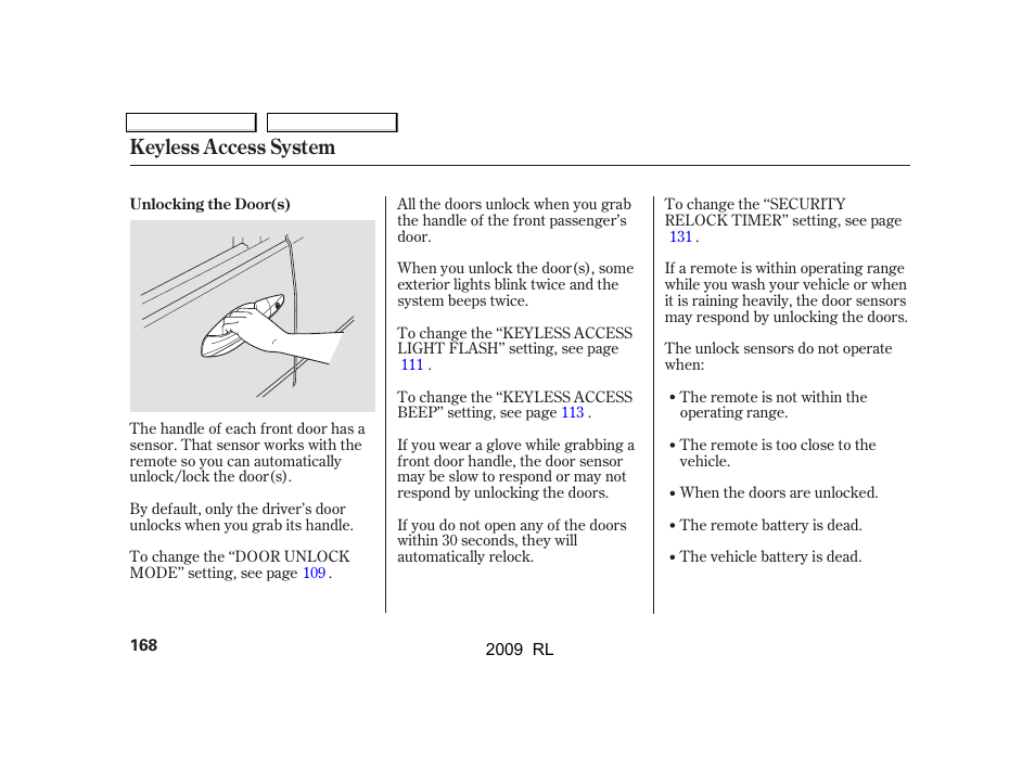 Keyless access system | Acura 2009 RL User Manual | Page 171 / 560