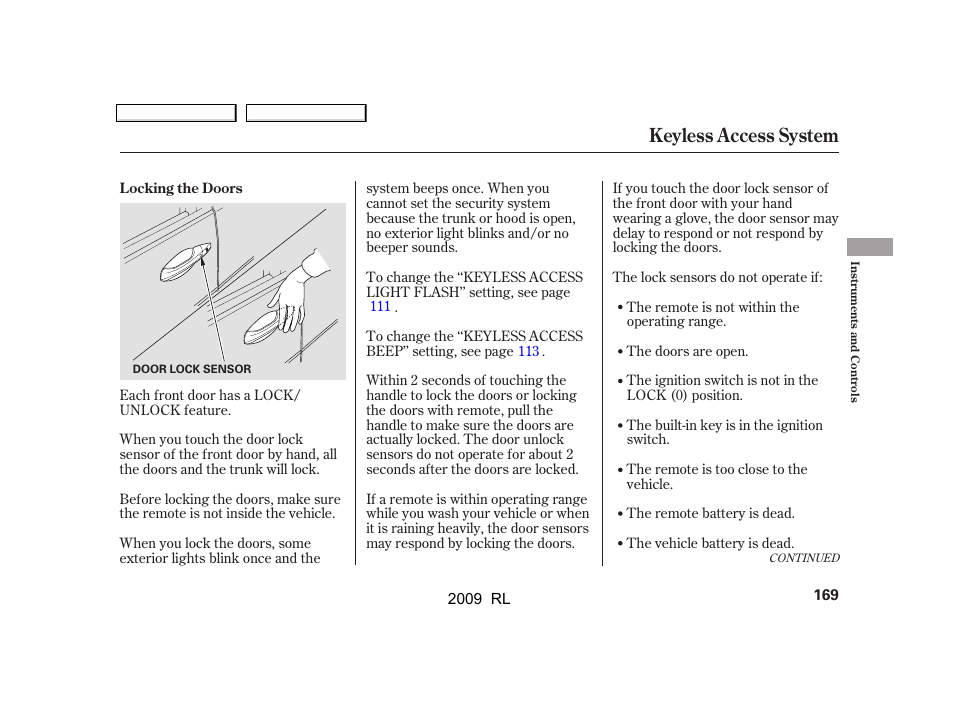 Keyless access system | Acura 2009 RL User Manual | Page 172 / 560