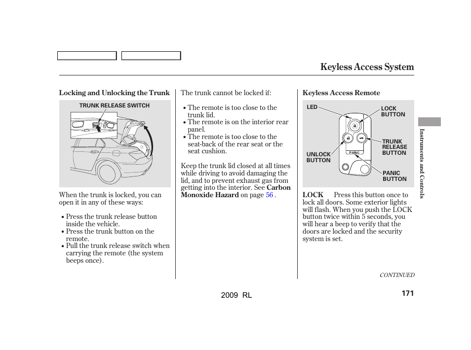 Keyless access system | Acura 2009 RL User Manual | Page 174 / 560