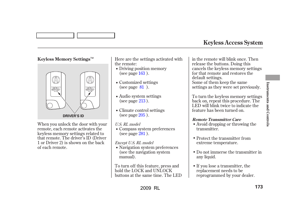 Keyless access system | Acura 2009 RL User Manual | Page 176 / 560