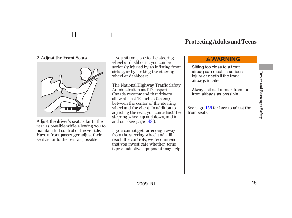 Protecting adults and teens | Acura 2009 RL User Manual | Page 18 / 560
