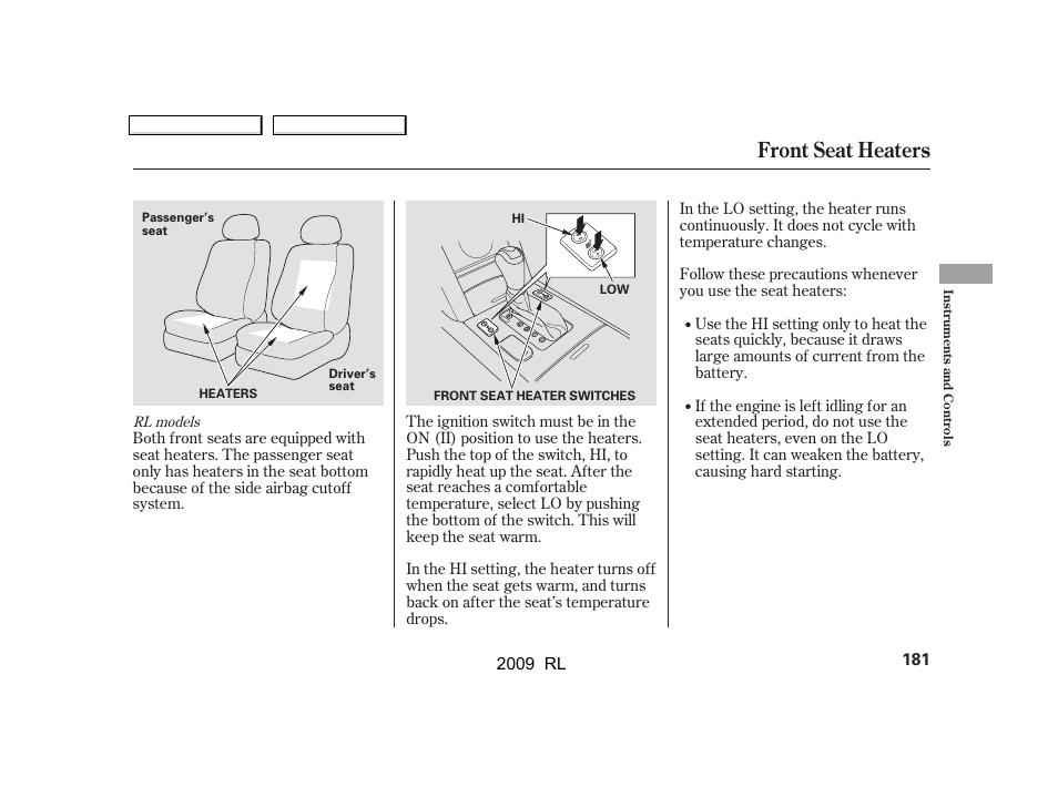 Front seat heaters | Acura 2009 RL User Manual | Page 184 / 560