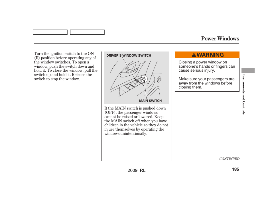 Power windows | Acura 2009 RL User Manual | Page 188 / 560