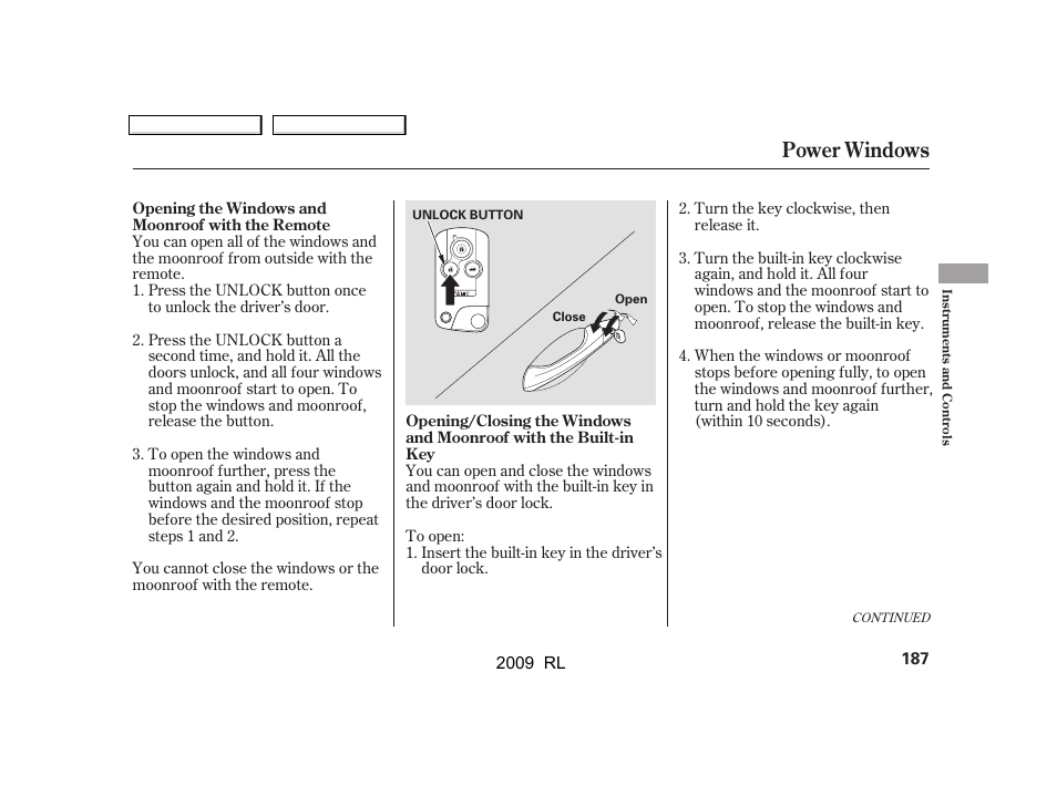 Power windows | Acura 2009 RL User Manual | Page 190 / 560