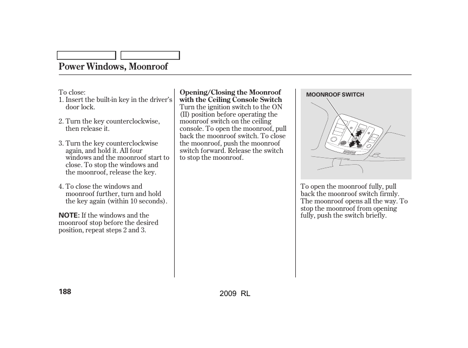 Power windows, moonroof | Acura 2009 RL User Manual | Page 191 / 560