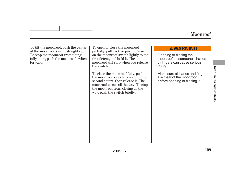 Moonroof | Acura 2009 RL User Manual | Page 192 / 560