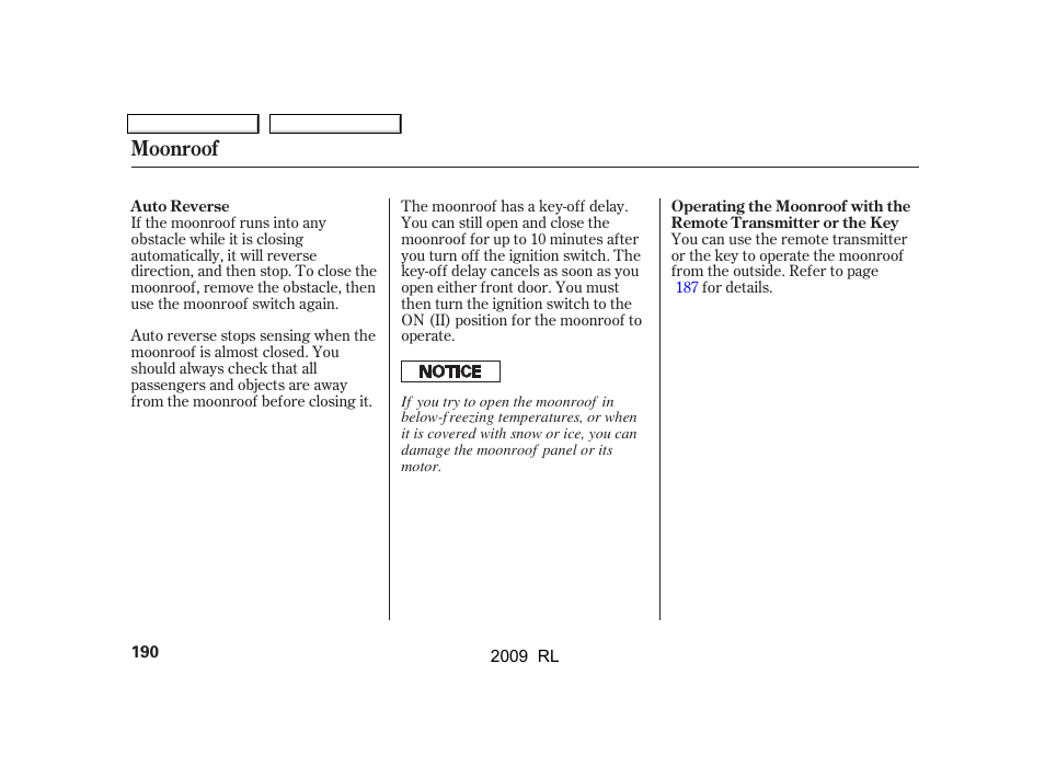 Moonroof | Acura 2009 RL User Manual | Page 193 / 560