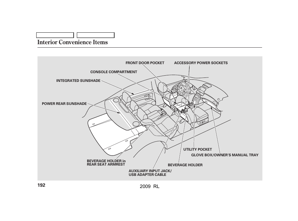 Interior convenience items | Acura 2009 RL User Manual | Page 195 / 560