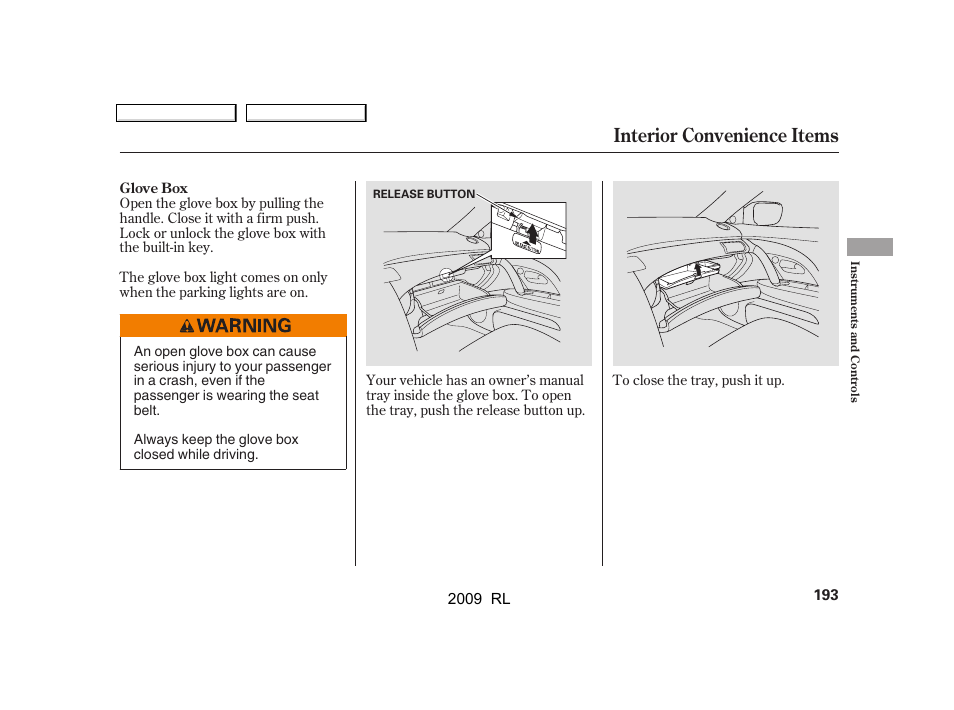 Interior convenience items | Acura 2009 RL User Manual | Page 196 / 560