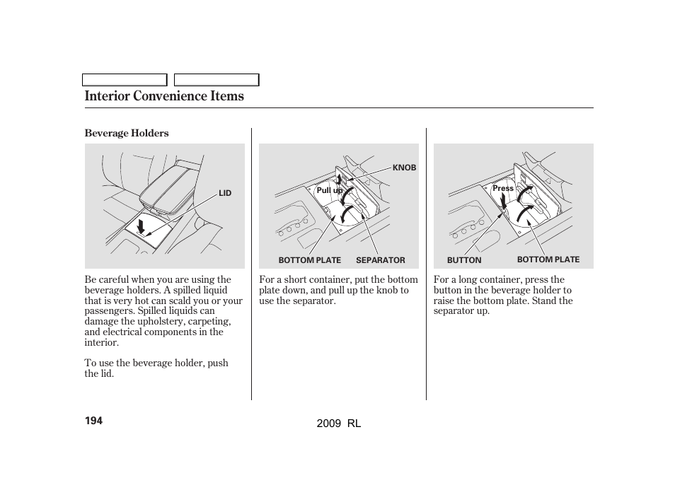 Interior convenience items | Acura 2009 RL User Manual | Page 197 / 560