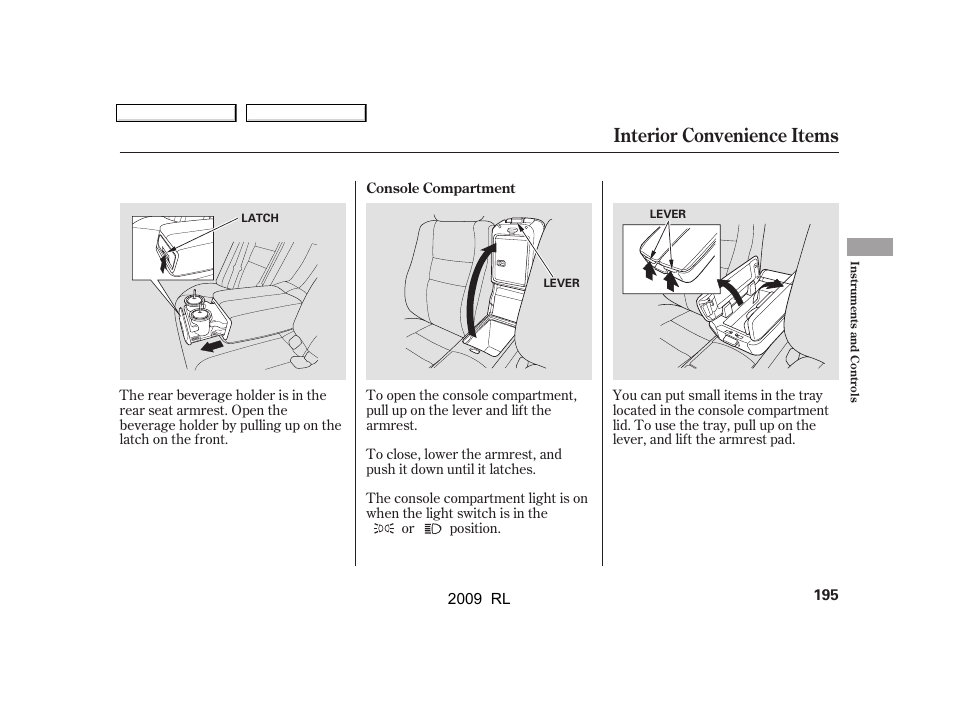 Interior convenience items | Acura 2009 RL User Manual | Page 198 / 560