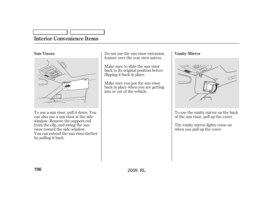 Interior convenience items | Acura 2009 RL User Manual | Page 199 / 560