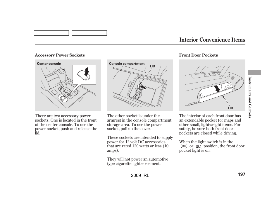 Interior convenience items | Acura 2009 RL User Manual | Page 200 / 560