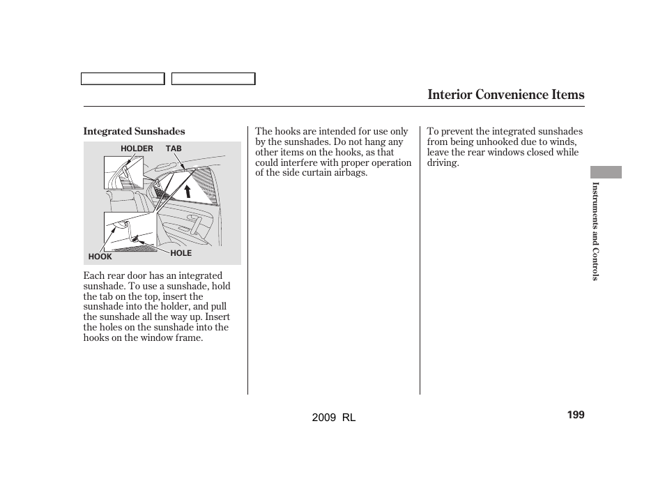Interior convenience items | Acura 2009 RL User Manual | Page 202 / 560