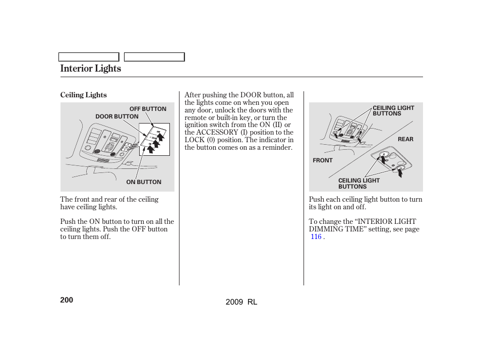 Interior lights | Acura 2009 RL User Manual | Page 203 / 560