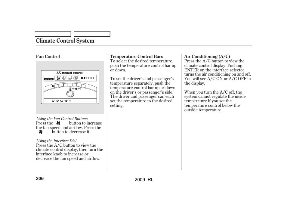 Climate control system | Acura 2009 RL User Manual | Page 209 / 560