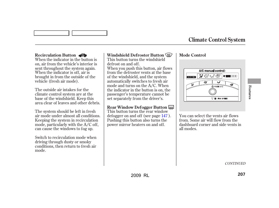 Climate control system | Acura 2009 RL User Manual | Page 210 / 560