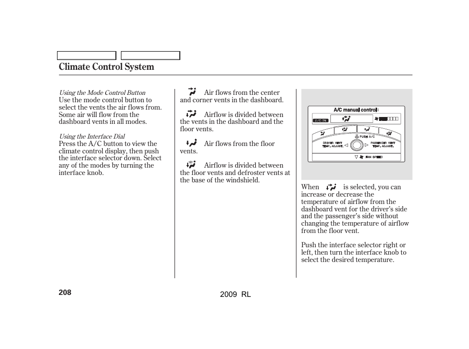 Climate control system | Acura 2009 RL User Manual | Page 211 / 560