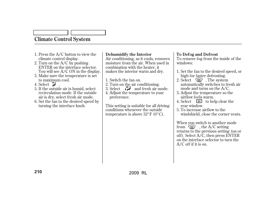 Climate control system | Acura 2009 RL User Manual | Page 213 / 560