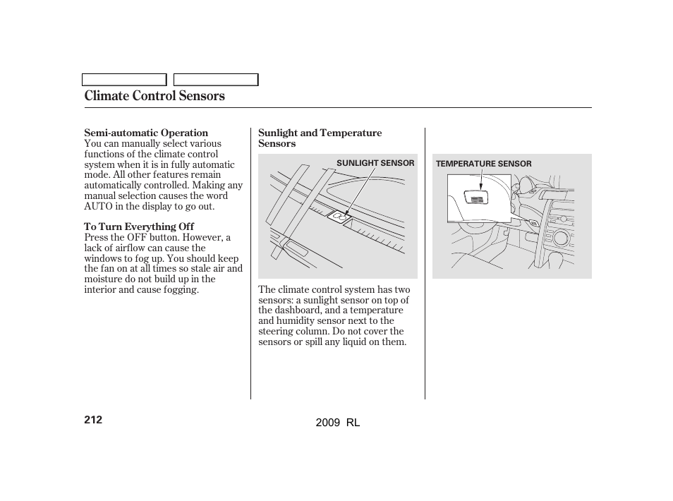 Climate control sensors | Acura 2009 RL User Manual | Page 215 / 560