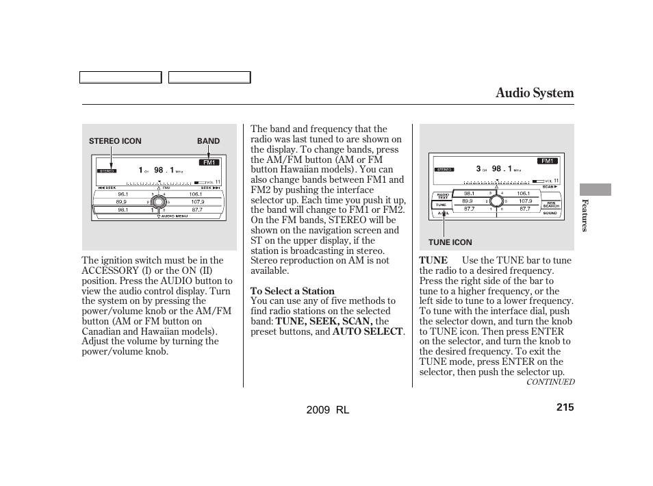 Audio system | Acura 2009 RL User Manual | Page 218 / 560